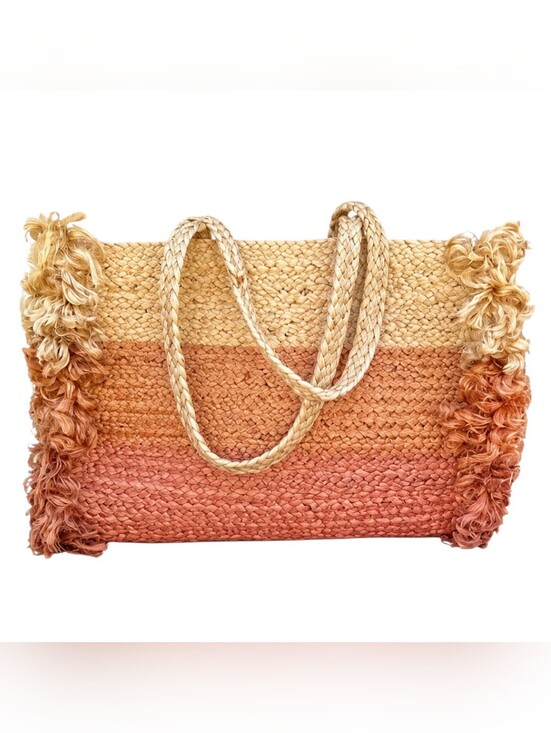 Shiraleah Handbags - Shiraleah Lucia Tote 100% Jute. Beige, Orange & Coral Ombré Design. Fringe Sides